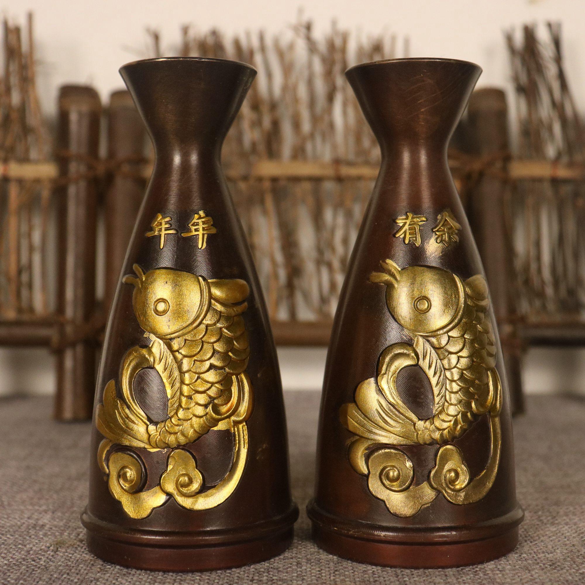 ヴィンテージ真鍮彫刻の魚型花瓶（ペア）。ホームデコレーション＆風水