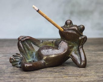 Vintage Bronze geschnitzter Frosch Räucherstäbchenhalter, Dekoration & Feng Shui Statue
