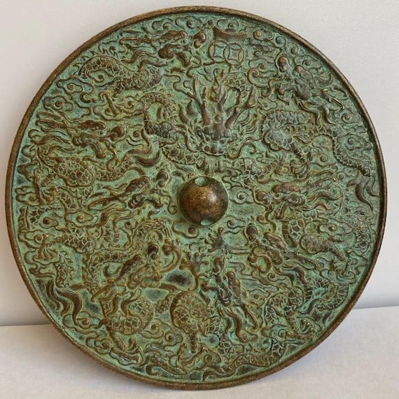 Vintage Bronze Carved Nine Dragons Mirror, Home Decoration & Feng