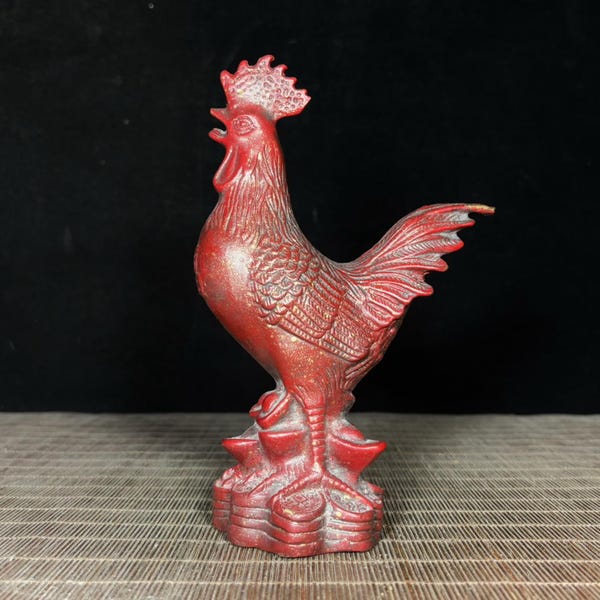 Vintage red-robed brass carved rooster statue. Home Decoration & Feng Shui Statue