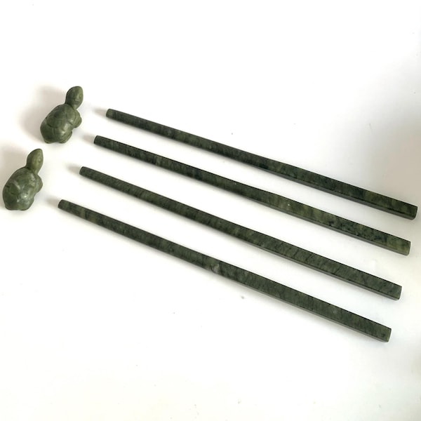 Two pairs jade handmade chopsticks, turtle stop, natural color