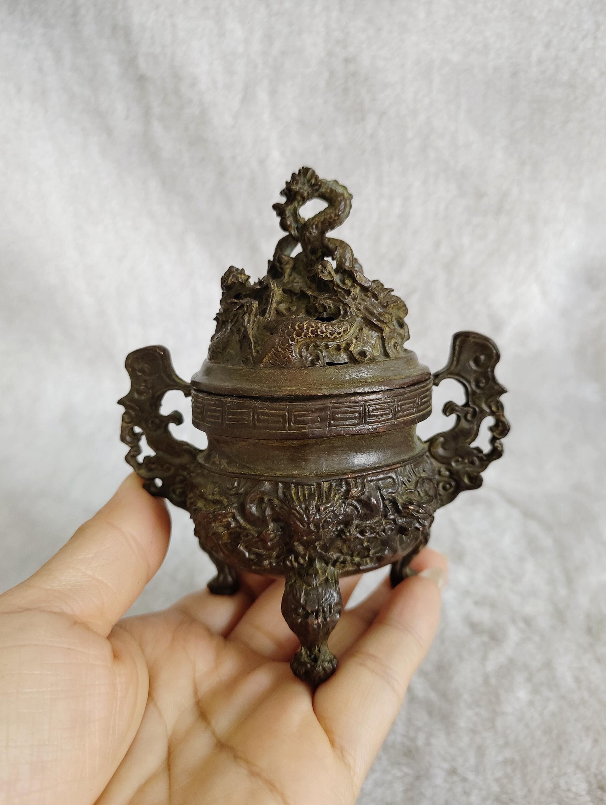 Bronze Carved Tripod Double-eared Dragon-lid Incense Burner. Home