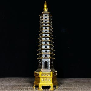 Vintage Brass-gilded Carved Wenchang Tower Statue. Home Decoration & Feng Shui Statue