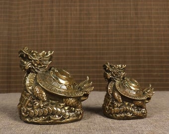 Vintage Brass Dragon Turtle Statue: Bagua Feng Shui statue