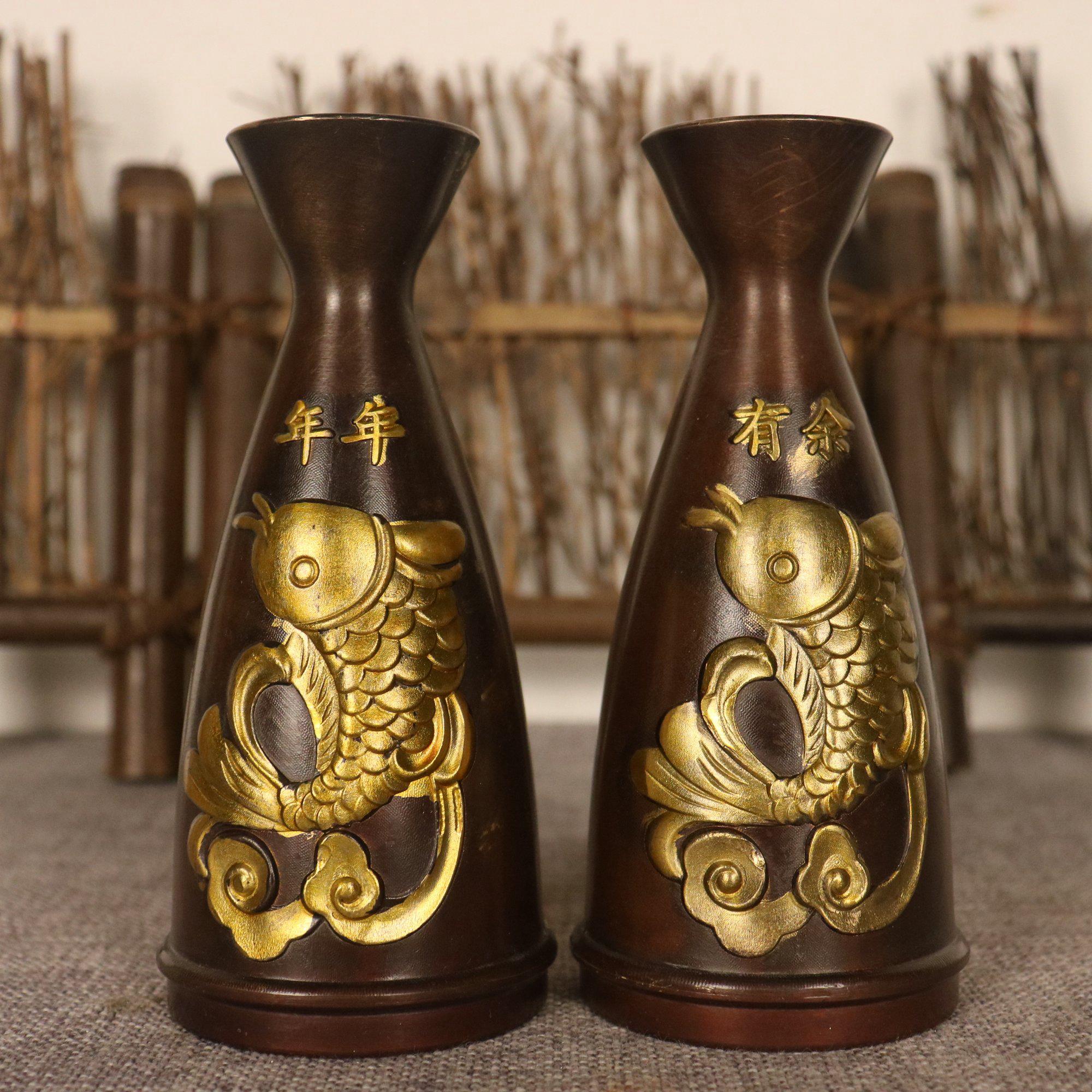 ヴィンテージ真鍮彫刻の魚型花瓶（ペア）。ホームデコレーション＆風水