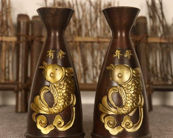 ヴィンテージ真鍮彫刻の魚型花瓶（ペア）。ホームデコレーション＆風水 