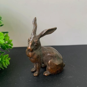 Può includere: Una piccola statuetta di coniglio color bronzo scuro in posizione seduta. La scultura presenta una superficie testurizzata con riflessi metallici visibili, lunghe orecchie dritte e una struttura facciale dettagliata in posa di riposo.