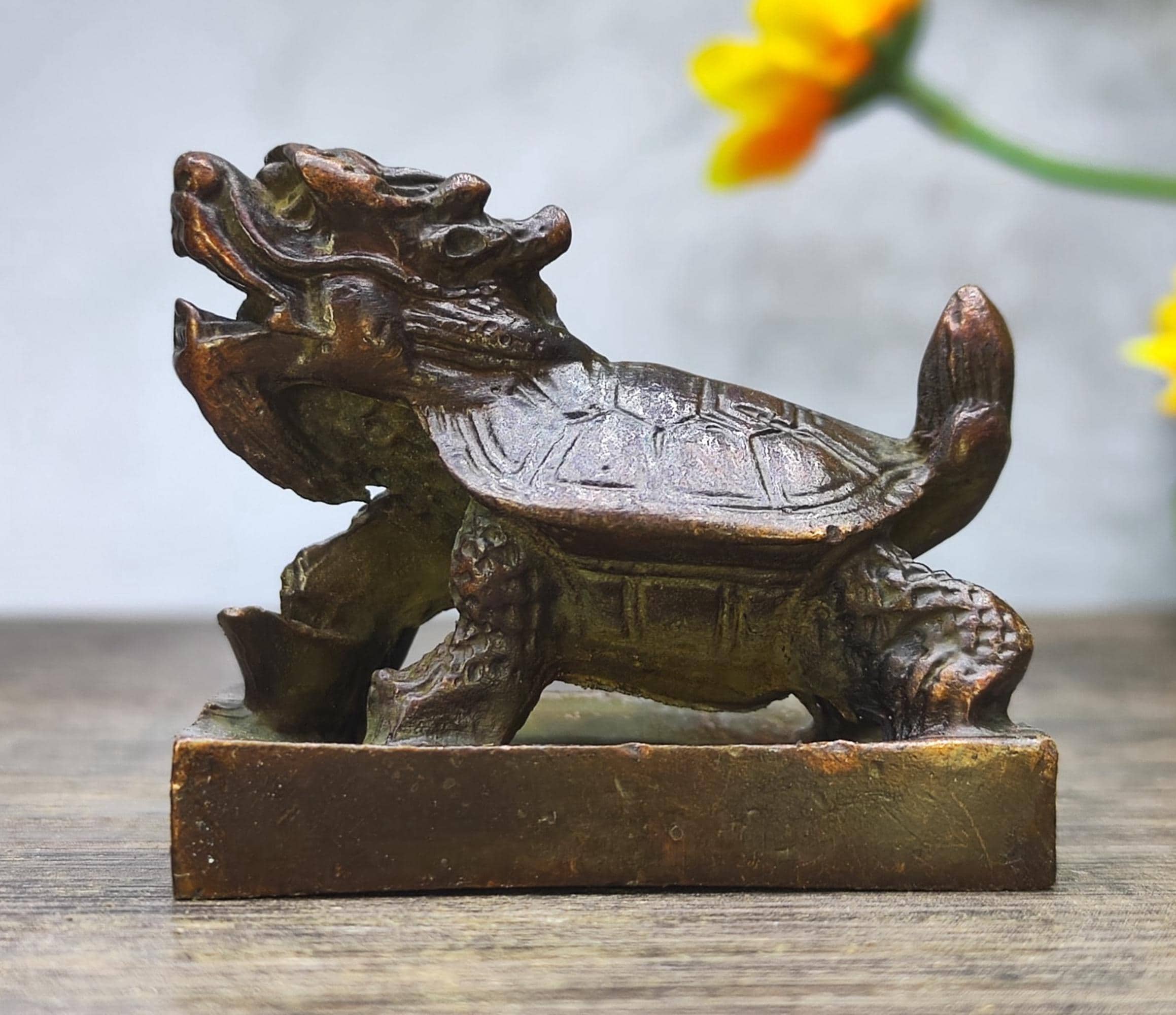 Vintage Bronze Carved Dragon Turtle Seal. Home Decoration & Feng