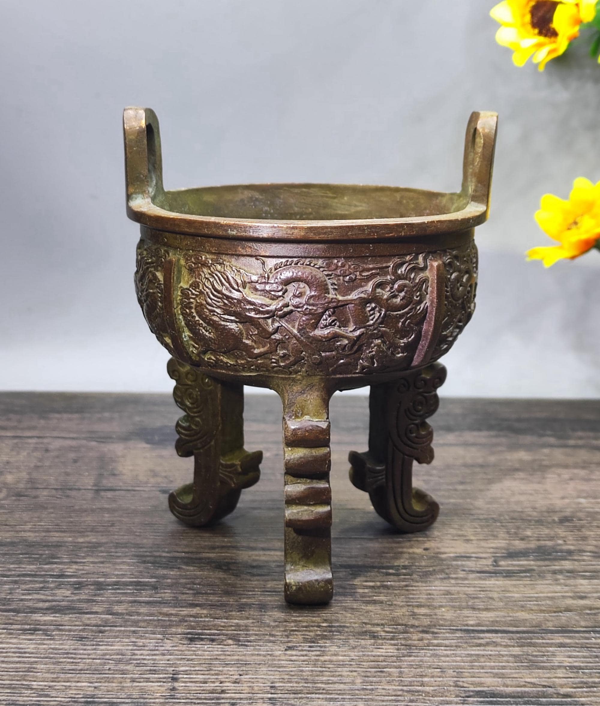 Vintage Bronze Carved Three-legged Dragon Cauldron, Home