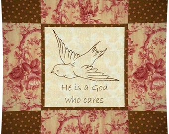 GOD CARES Pillow --- Hand Embroidery E-Pattern Printable Download Pdf Diy Free Shipping Easy to Do Victorian Bird Prim Christian Home Decor