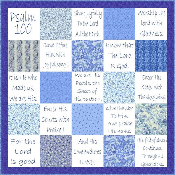 SHOUT JOYFULLY - Hand Embroidery E-Pattern Psalm 100 Quilt Printable Download Pdf DIY Blue-work Free Shipping Seaside Blue White Shabby Chic