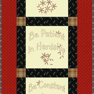 May include: A red, black, and white patchwork quilt with three cream-colored panels. The panels feature the text "Be Joyful in Hope", "Be Patient in Hardship", and "Be Constant in Prayer" in a red embroidered font. Each panel is decorated with red embroidered flowers.