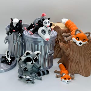 Adorable Trash Can or Tree Stump Raccoon Possum Fox Skunk Articulating Fidget Toys - Includes Realistic Trash Can or Tree Stump - 3D Printed