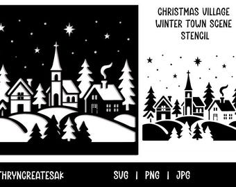 Christmas Village Winter Town Scene Stencil SVG PNG JpG Holiday Craft Template