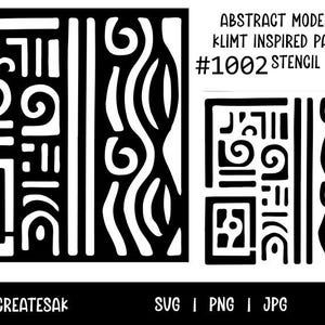 May include: Black and white abstract modern art stencil with a Klimt-inspired pattern. The design features geometric shapes, swirls, and vertical lines. The text on the image reads "ABSTRACT MODERN ART KLIMT INSPIRED PATTERN #1002 STENCIL".