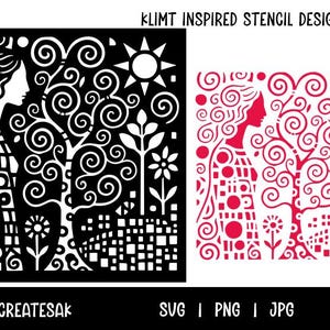 Puede incluir: Un diseño de plantilla inspirado en Klimt, con el perfil de una mujer, patrones arremolinados, árboles y elementos florales. El diseño está disponible en blanco y negro y en rojo. El texto incluye "KLIMT INSPIRED STENCIL DESIGN H1400" y "KATHRYNCREATESAK".