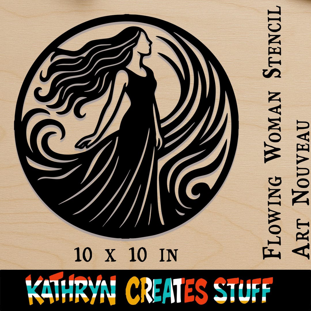 Flowing Woman Stencil Art Nouveau SVG JPG PNG – 10 X 10 Feminine