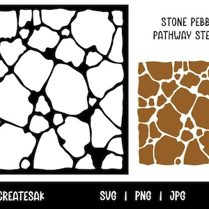Könnte beinhalten: Eine schwarz-weiße Schablonen-Design für einen Steinpflasterweg. Das Design zeigt unregelmäßige Formen innerhalb eines quadratischen Rahmens. Die Worte "STONE PEBBLE PATHWAY STENCIL" sind in schwarzem Text. Der untere Teil des Bildes enthält den Text "KATHRYNCREATESAK" und "SVG | PNG | JPG".