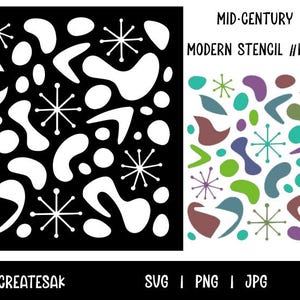 Puede incluir: Un diseño de plantilla moderno de mediados de siglo en blanco y negro con formas abstractas, bumeranes y estrellas. Se muestra el texto "MID-CENTURY MODERN STENCIL #1930". La imagen también muestra una versión colorida del diseño.