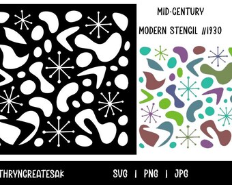 Retro Mid Century Modern Stencil | 14x14 Atomic Starburst & Boomerang Pattern | PNG JPG SVG Digital Download for Crafts, Furniture