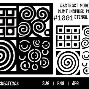 Puede incluir: Plantilla en blanco y negro con formas geométricas abstractas y patrones inspirados en Klimt. El diseño incluye cuadrados, espirales y elementos circulares. El texto en la imagen dice "ABSTRACT MODERN ART KLIMT INSPIRED PATTERN #1001 STENCIL".