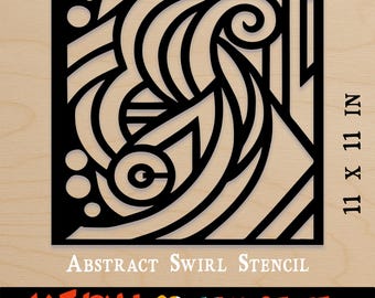 May include: Black and white abstract swirl stencil design on a wood background. The stencil is 11 inches by 11 inches. The text "ABSTRACT SWIRL STENCIL" and "KATHRYN CREATES STUFF" is printed below the stencil.
