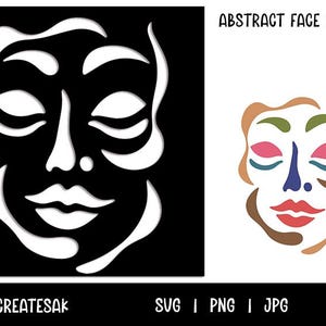 May include: An abstract face stencil design in black and white, and a colourful version. The design features a stylised face with closed eyes, a nose, and lips. The text "ABSTRACT FACE STENCIL" is at the top. The bottom text reads "KATHRYNCREATESAK" and "SVG | PNG | JPG".