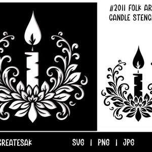 May include: A black and white stencil design featuring a candle with a flame, surrounded by floral and leaf elements. The text "#2011 Folk Art Candle Stencil" is at the top. The bottom of the image includes the text "KATHRYNCREATESAK" and file type information.