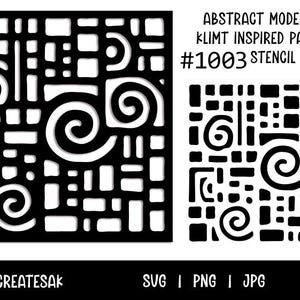 May include: Black and white stencil with an abstract Klimt-inspired design. The pattern incorporates geometric shapes and spiral motifs. The image includes the text "ABSTRACT MODERN ART KLIMT INSPIRED PATTERN #1003 STENCIL".