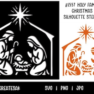 Peut inclure: Pochoir silhouette noir et blanc de la scène de Noël de la Sainte Famille. L'image représente Marie, Joseph et l'enfant Jésus dans une crèche, avec une étoile au-dessus. Le texte indique "#1557 Holy Family Christmas Silhouette Stencil".