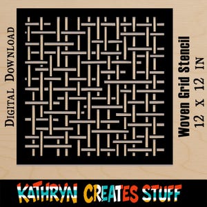 Puede incluir: Plantilla de rejilla tejida negra, 30,5 x 30,5 cm, con el texto "Descarga digital" y "Plantilla de rejilla tejida". La parte inferior de la imagen tiene el texto "KATHRYN CREATES STUFF" en letras coloridas.