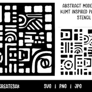 May include: Black and white stencil featuring an abstract modern art design. The design includes geometric shapes, lines, and curves, inspired by Klimt's patterns. The text "ABSTRACT MODERN ART KLIMT INSPIRED PATTERN STENCIL" is displayed. The image also includes the text "KATHRYNCREATESAK SVG | PNG | JPG".