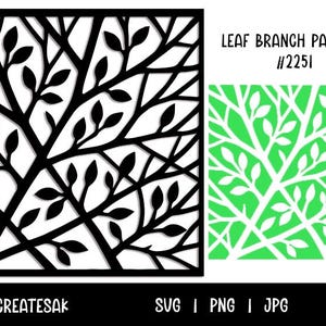 May include: Black leaf branch pattern design with the text "LEAF BRANCH PATTERN #2251". The design is displayed in a square format, with a green and white version on the right. The bottom of the image includes the text "KATHRYNCREATESAK SVG | PNG | JPG".