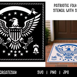 May include: A black and white patriotic folk art stencil featuring an eagle with outstretched wings, a shield, stars, a banner, a drum, and a bell. The text "PATRIOTIC FOLK ART STENCIL WITH SHIELD" is displayed. The image also shows a doormat with the same design.