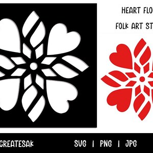 Op de afbeelding: Een zwart-wit sjabloonontwerp met een hartvormige bloem. Het ontwerp staat op een zwarte achtergrond. De tekst "HEART FLOWER FOLK ART STENCIL" wordt weergegeven boven een rood hartbloemontwerp. De tekst "KATHRYNCREATESAK" staat onderaan.