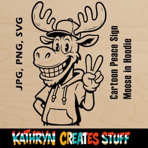 Cartoon Peace Sign Hip Hop Moose in Hoodie png jpg svg  | 8x13 Cut File for Cricut, T-Shirts, Stickers, Crafts | Hip Funny Animal Clipart