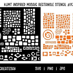 Könnte beinhalten: Eine Schablonen-Design mit von Klimt inspirierten Mosaikmustern. Das Design umfasst rechteckige und quadratische Formen, Wirbel und geometrische Elemente. Die Schablone ist in Schwarz und Orange erhältlich. Der Text auf dem Bild lautet "KLIMT INSPIRED MOSAIC RECTANGLE STENCIL #1928" und "KATHRYNCREATESAK".
