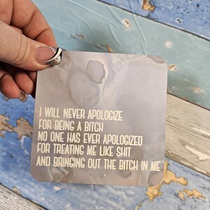 No Apologies Coaster – Vengeful Sparkles Series – Snarky Sublimation Coaster with Attitude