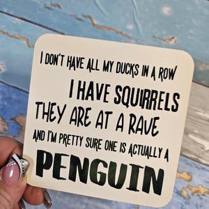 May include: White sticker with black text that reads "I don't have all my ducks in a row. I have squirrels. They are at a rave. And I'm pretty sure one is actually a penguin."