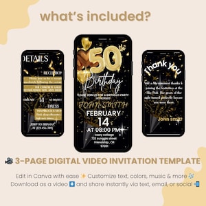 Può includere: Un modello di invito video digitale per un 50° compleanno. Il design presenta tre schermi di smartphone con accenti oro e neri. L'invito include i dettagli dell'evento, un messaggio di ringraziamento e il testo "50th Birthday".
