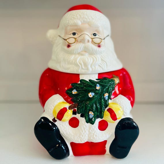 Vintage Weihnachtsmann-Keksdose, handbemalte Keramik, Weihnachtsbaum