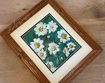Dipinto acrilico a mano con margherita: cornice in legno rustico, arte murale floreale