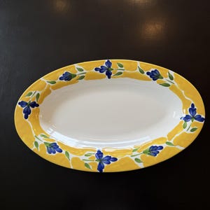 May include: Oval serving platter with a white interior and a yellow border. The yellow border is decorated with blue floral designs and green leaves. The platter is made of ceramic.