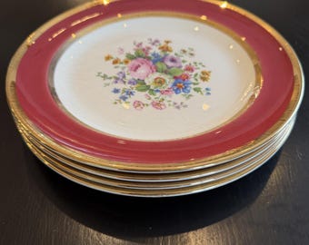 Platos de porcelana - Juego de 4 platos llanos de porcelana con borde dorado color arándano, estilo MCM