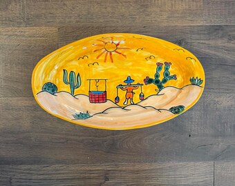 Large Hand Painted Mexican Folk Art Platter Desert Scene Oval Serving Dish