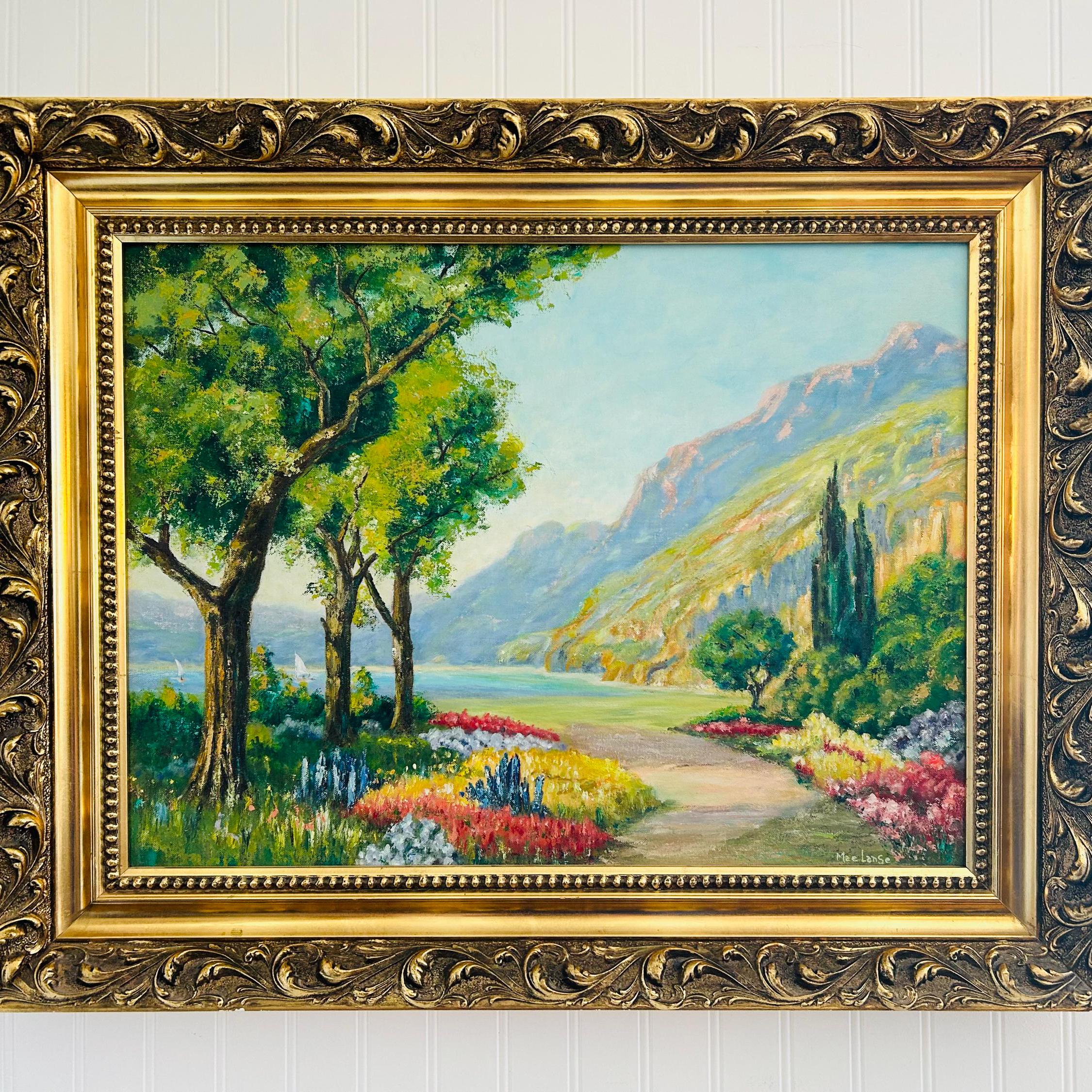 【French Vintage Oil Painting】　油絵　フランス 1970s French Countryside Oil Painting: Lake & Sailboats, Ornate
