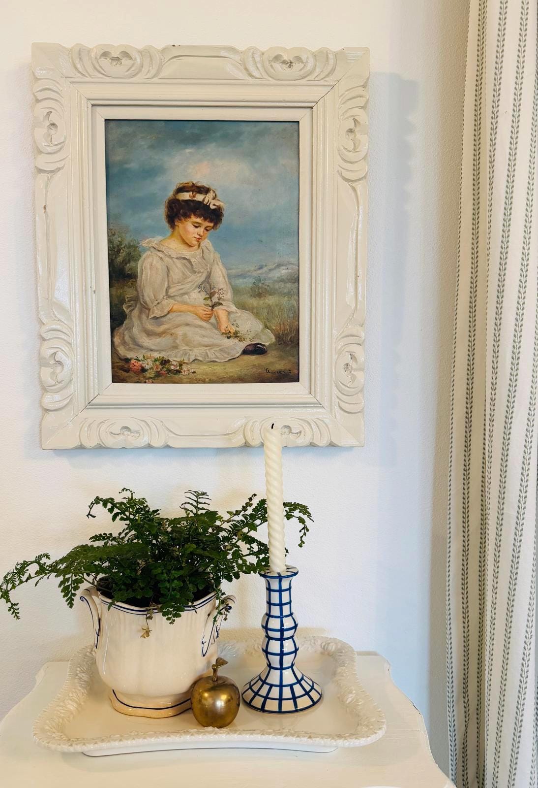 Vintage Oil Painting Girl With Flowers | Framed Cottage Portrait Art - Etsy