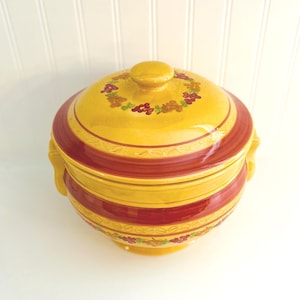 Rare French Soup Terrine: Yellow & Red Grape Pattern, Large Vintage Kitchenware
