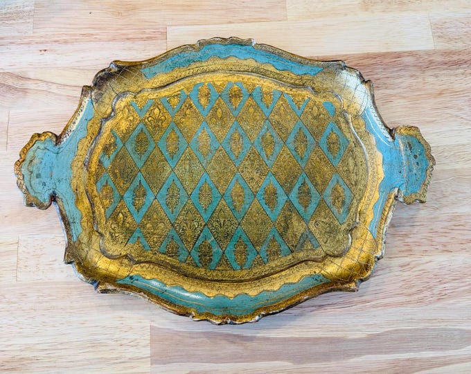 Vintage Florentine Style Gilt Wood Tray Blue Gold Italian Toleware Look ...