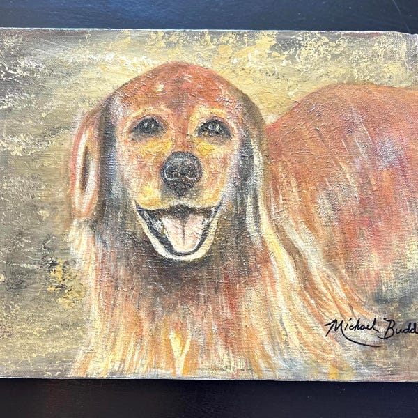 Original Acrylic Golden Retriever Portrait: Rustic Cottagecore Dog Art